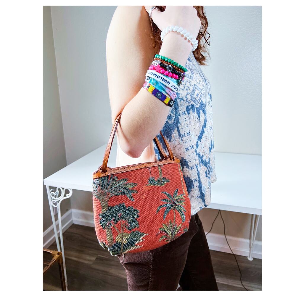 Vintage Mini Bag Tommy Bahama Palm Aloha Pattern Leather Straps 1990s